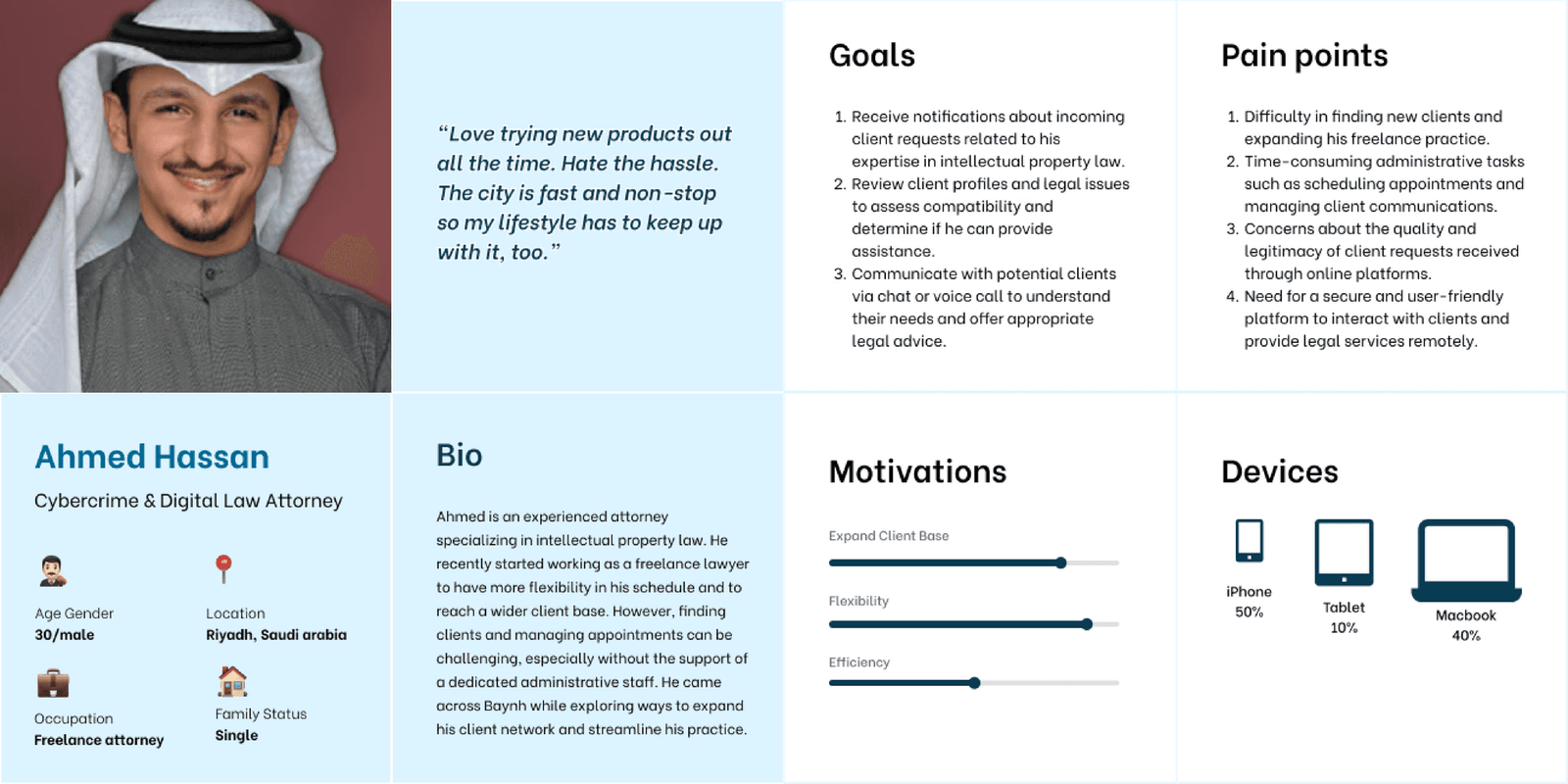 Lawyer persona documenting goals, pain points, and motivations