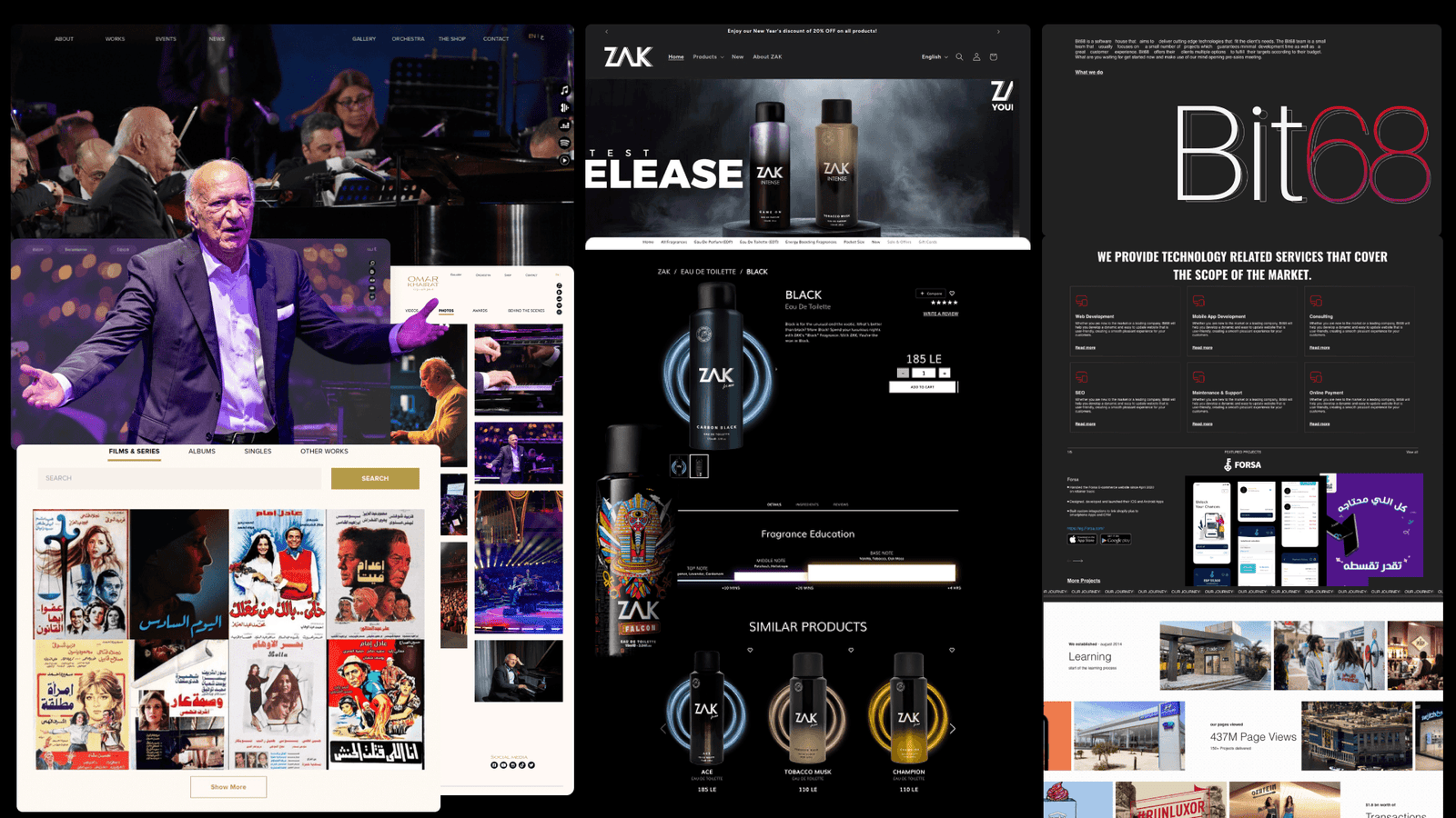 Website design collection for Omar Khairat, Zak Perfumes, and Bit68